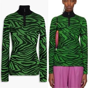 STINE GOYA Sylvie Intarsia Half-Zip Ribbed-Knit Top‎ Small